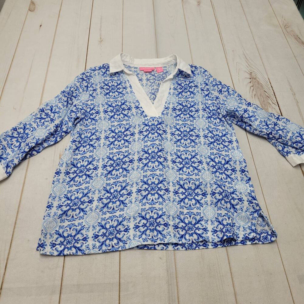 Isaac Mizrahi New York 100% linen popover top V neck large beachy coastal large